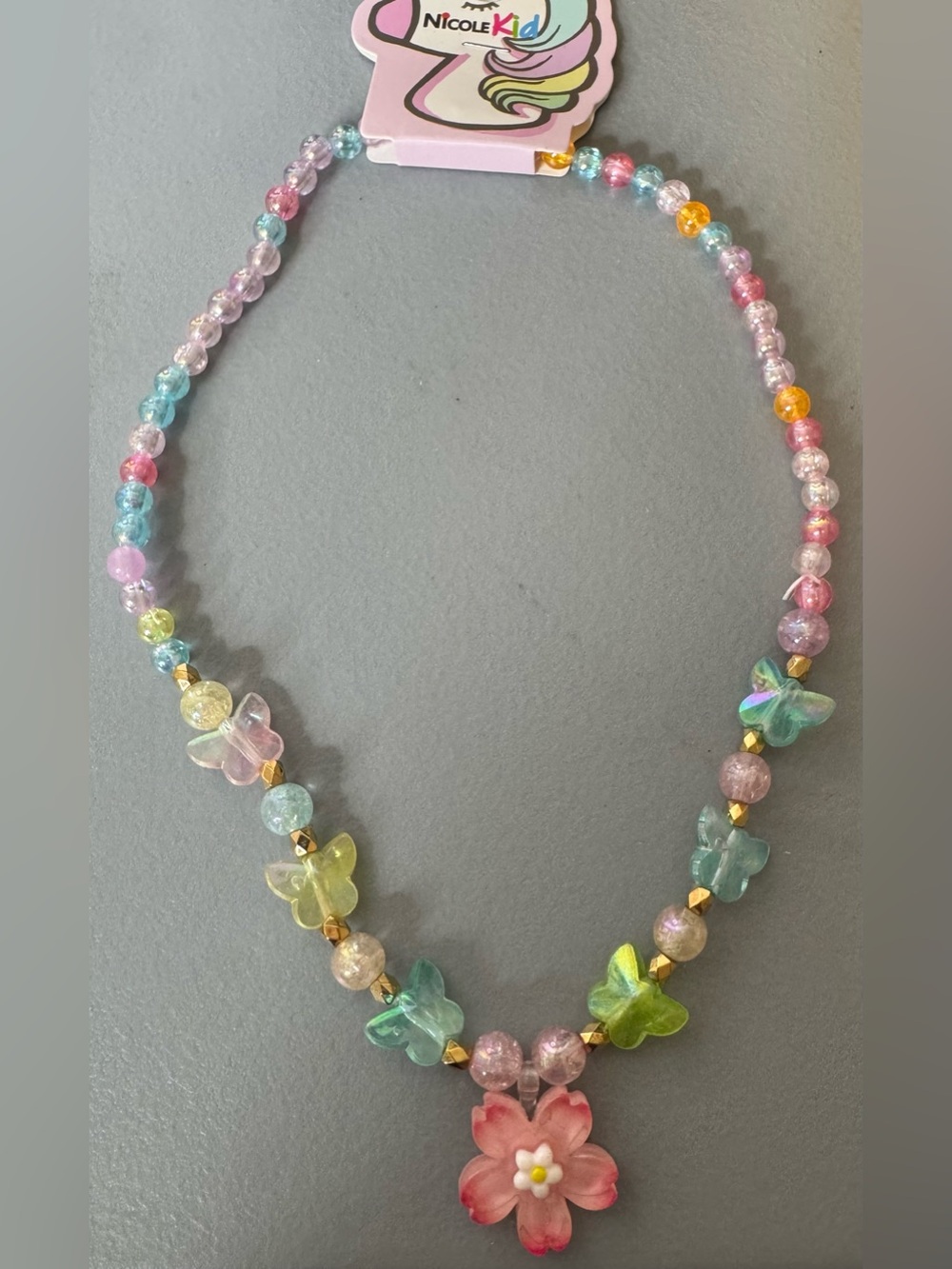Nicole Multicolor Pastel Butterfly & Flower Beaded Necklace stretch
